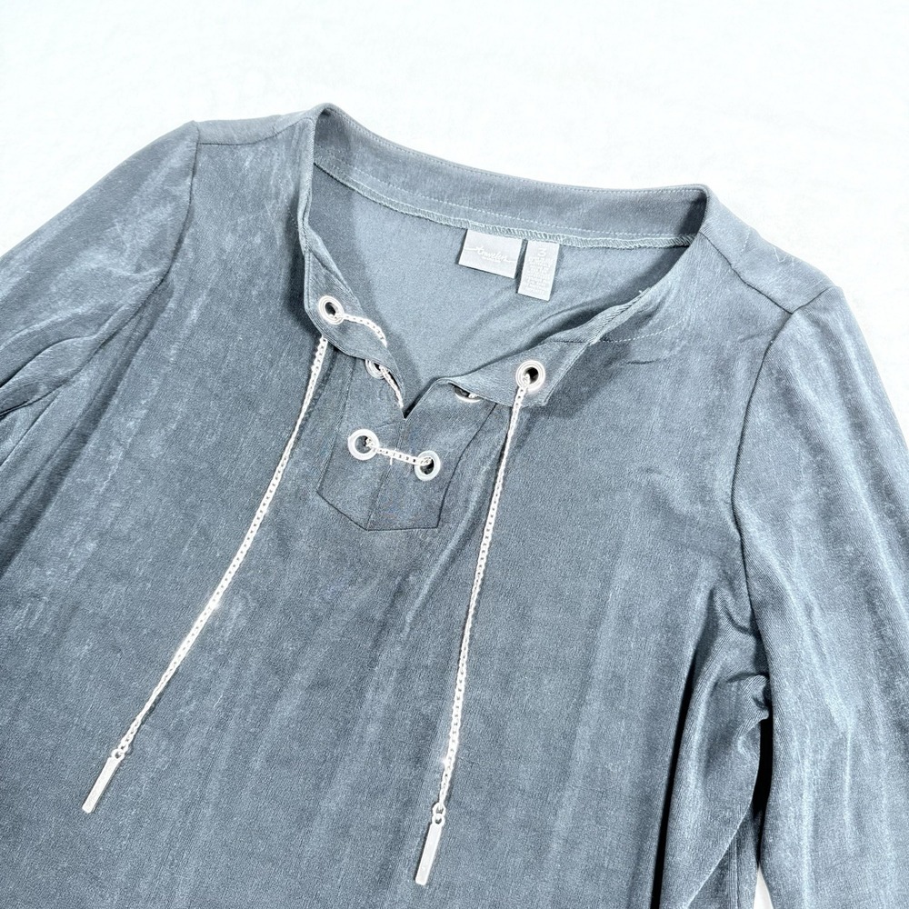 Chicos Travelers‎ 3/4 Sleeve Top Size 3 Black Slinky Stretch Gold Lace Up Chain